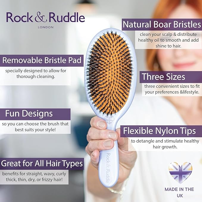 Rock & Ruddle Natural Mixed Boar Bristle Hair Brush for Women and Kids (Small/Travel Size, 17.5cm - Perfect for Wet or Dry Hair, Detangling Smoothing Blowdrying - Made in UK - Blue Ribbon