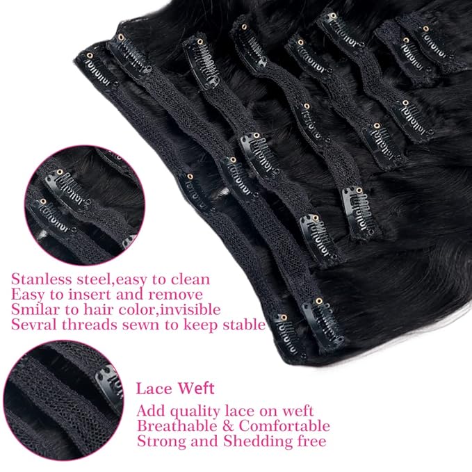 Body Wave Brazilian Clip in Hair Extensions Human Hair 8Pcs Remy Hair Extensions Clip ins for Black Women with 18Clips 120g (24inch, Natural Black)