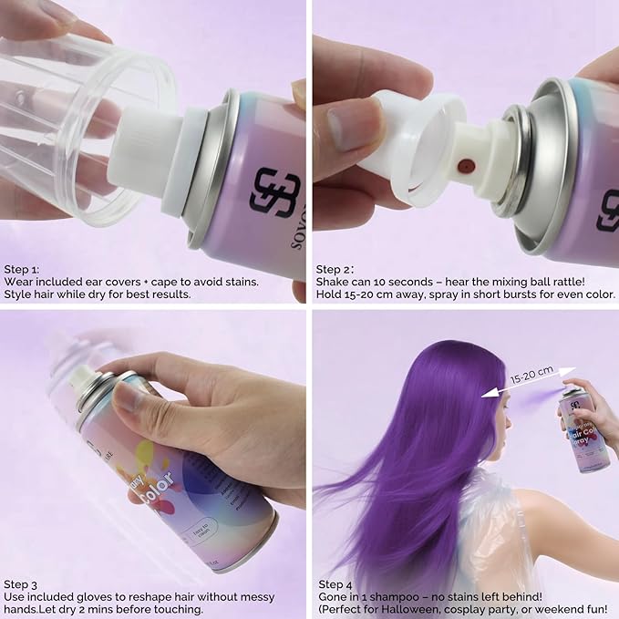 Purple Temporary Hair Color Spray, SOVONCARE Natural Hair Wax Dye Spray for Kids Halloween, Christmas Party, Cosplay -On 1-Day Washable 120ML