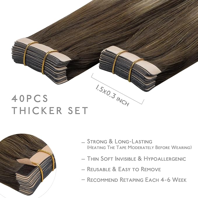 WENNALIFE Tape-in Hair Extensions, 40pcs 100g 14 inch Balayage Chocolate Brown to Honey Blonde, Reusable Real Human Hair Straight Tape-in Extensions