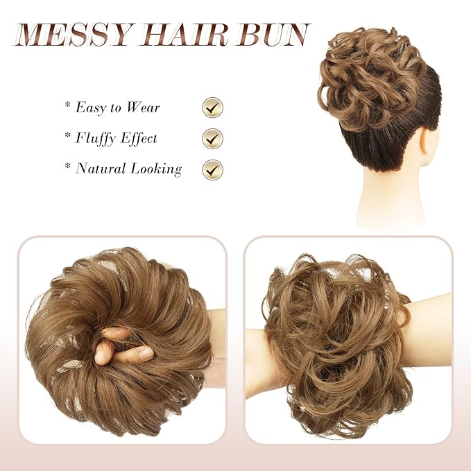 FESHFEN Messy Bun Hair Pieces - Large Wavy Curly Elastic Hair Bun Scrunchies Ponytail Extensions Synthetic Chignon Hairpieces for Women, Strawberry Blonde 1.94oz
