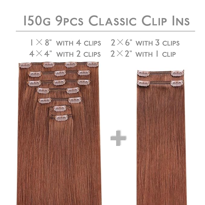 WENNALIFE Clip in Hair Extensions Real Human Hair, 22 Inch 150g 9pcs Human Hair Extensions Clip In, Dark Auburn Copper Hair Extensions Clip In Real Hair Coloured Remy Human Hair Extensions