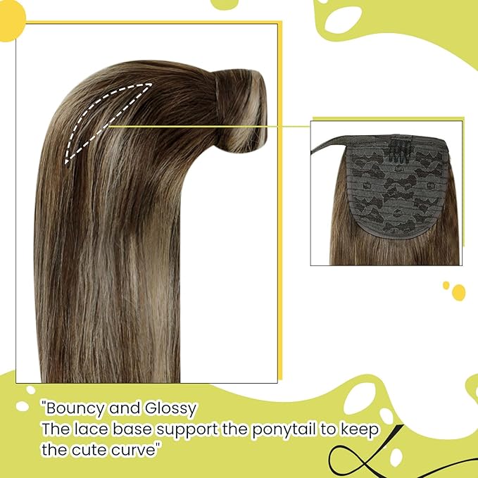 RUNATURE Real Hair Ponytail Extension, Long Human Hair Ponytail for Women, Straight Remy Natural Ponytail Extension, Add Length, 20 Inch 80g #4/27/4 Balayage Brown to Strawberry Blonde