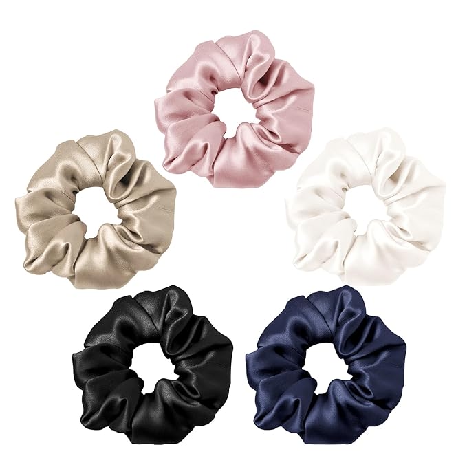 LILYSILK 5PC Silk Hair Scrunchies/Ties for Frizz & Breakage Prevention, 100% Mulberry, No Damage, Elastic ponytail Holders, Fixed Color, Black+Light Coffee+Rosy Pink+Ivory+Navy Blue