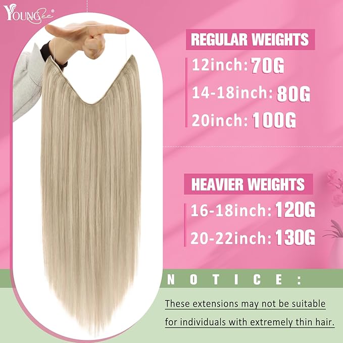 YoungSee Invisible Wire Hair Extensions Blonde Wire Human Hair Extensions Ash Blonde Highlights Bleach Blond Human Hair Fish Line Extensions Short Straight Hair 12inch 70G