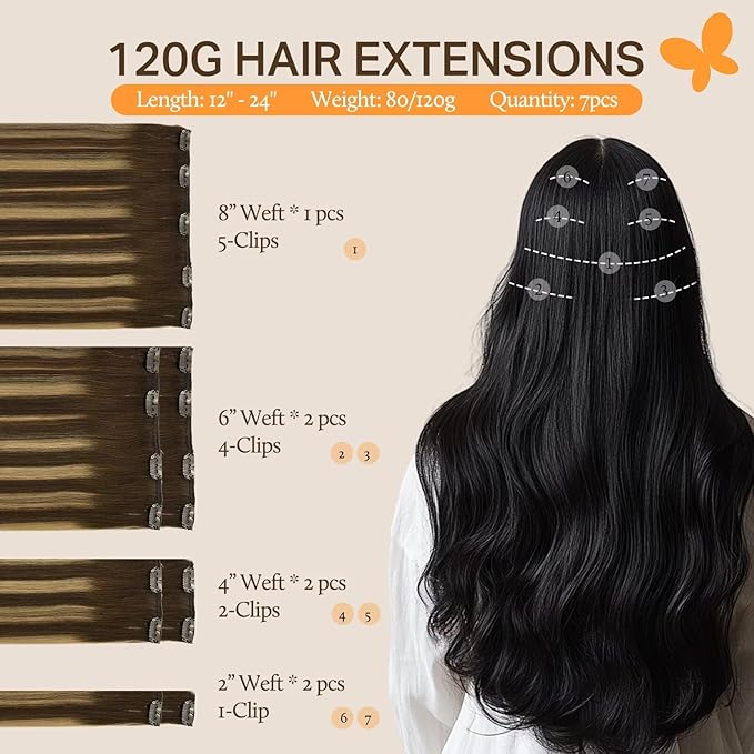 DOORES 14 Inch Clip in Human Hair Extensions, Balayage Chocolate Brown to Caramel Blonde 100g 7pcs, Straight Real Hair Extensions Clip in Remy Natural Weft