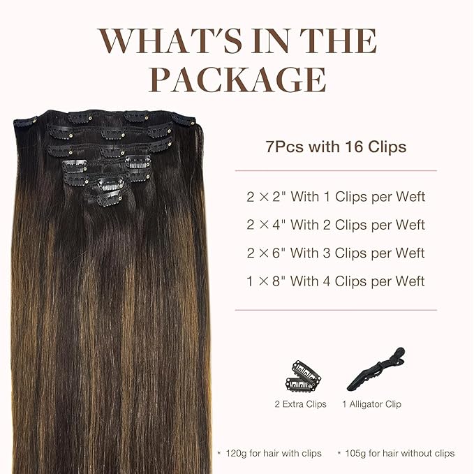 GOO GOO Clip in Hair Extensions Real Human Hair, Remy Human Hair Extensions Clip ins for Women, Natural Human Hair, 24inch 120g 7Pcs, 2/6/2 Balayage Dark Brown to Chestnut Brown