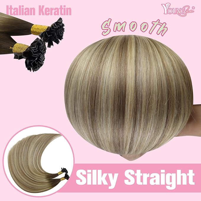 YoungSee K Tip Hair Extensions Balayage 18In Keratin Hair Extensions Human Hair Ombre Dark Brown to Brown with Blonde Straight 50s/50g