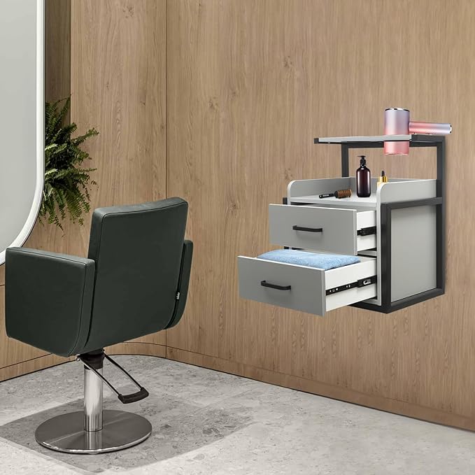 Suspended Salon Station for Hair Stylist, Wall Mounted Styling Salon Station Storage Cabinet w/2*Drawers &Hair Dryer Stand,Floating Nightstand Stylist Storage Cabinet for Home (Black+Gray)