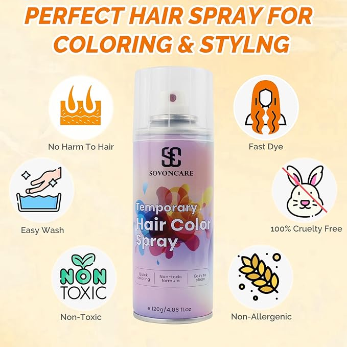 Orange Temporary Hair Color Spray, SOVONCARE Natural Hair Wax Dye Spray for Kids Halloween, Christmas Party, Cosplay -On 1-Day Washable 120ML