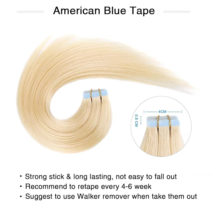 SUYYA Tape in Hair Extensions Bleach Blonde 100% Real Human Hair 16 inches 20pcs 40g/pack Straight Seamless Skin Weft Tape in Remy Hair Extensions(16 inches 613#)