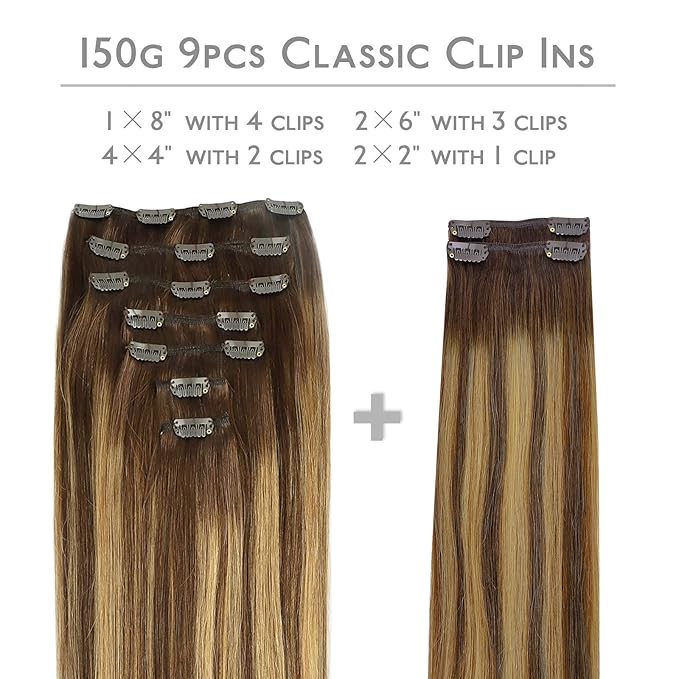 WENNALIFE Clip in Hair Extensions, 150g 16 Inch 9pcs Balayage Chocolate Brown to Caramel Blonde Remy Hair Thicker Double Weft Extensiones De Cabello Humano Con Clip Ins Straight Full Volume
