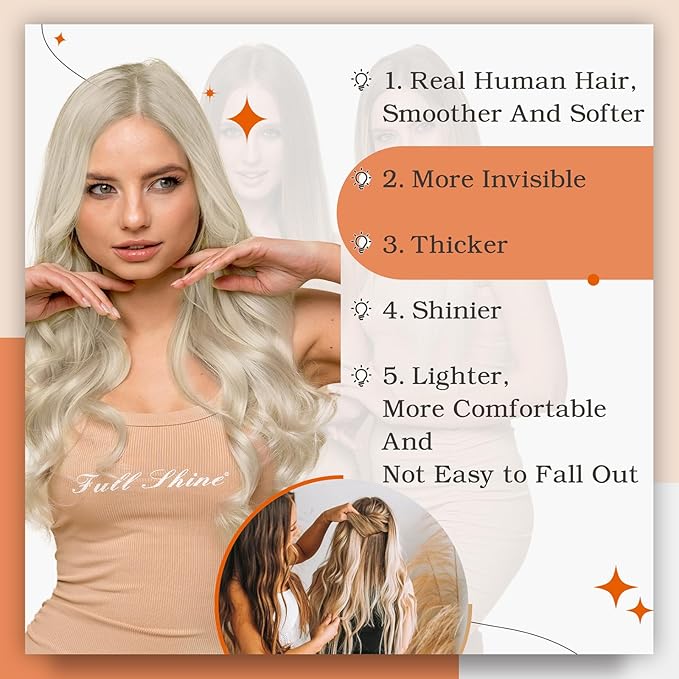 Full Shine Blonde Tape Hair Extensions Real Human Hair Color 613 Tape in Extensions Human Hair 26Inch Long Straight Extension Seamless Skin Weft for Women 50G Remy Brazilian Soft Extension 20Pcs