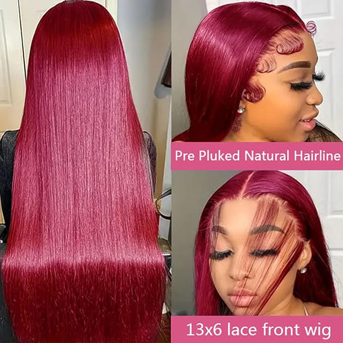 Burgundy Wig Human Hair 20inch 13x6 HD Transparent Lace Straight 99J Red Human Hair Wig Colored Reddish Brown Lace Frontal Wigs 180% Density Pre Plucked