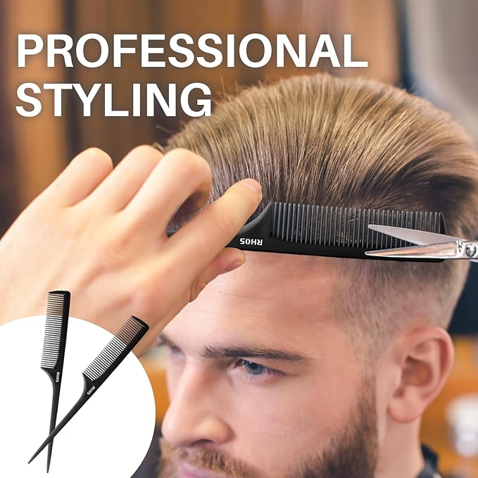 RHOS Rat Tail Combs for Parting, Fine Tooth Teasing Comb with Pick, 2 Pack Hair Styling Combs Set for Women and Men, Black, ABS Material