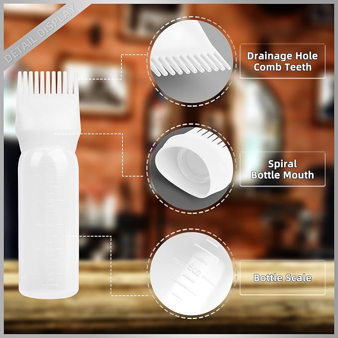 Root Comb Applicator Bottle 6 Ounce, 2 Pack Hair Oil Applicator Hair Dye Bottle Tools with Dispenser Root Comb Brush for Scalp Oil Hair Oiling Applicator - white