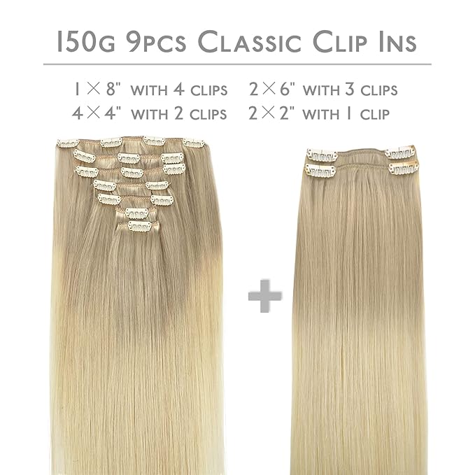 WENNALIFE Clip in Hair Extensions, 150g 22 Inch 9pcs Ash Blonde to Golden Blonde and Platinum Blonde Human Hair Extensions Thicker Clip in Hair Extensions Real Human Hair Clip Set Double Weft