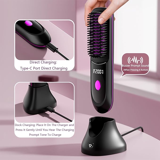Go Brush Pro Hair Straightener – Cordless Comb with Base Negative Ion, 6000mAh Fast Heating & Portable Travel Design, Rechargeable Brush for Straightening and Curling (Black-1Pcs)