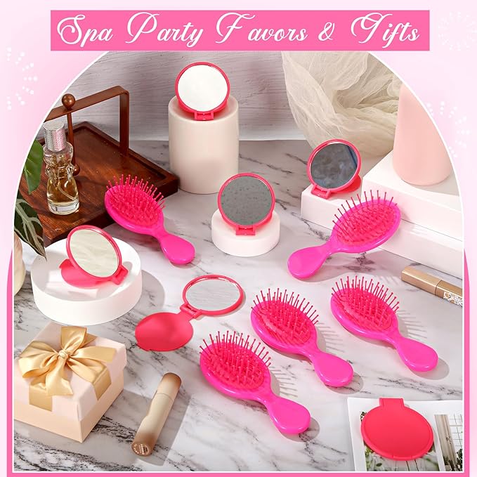 Meanplan 24 Pcs Mini Hair Brush Set 12 Travel Wet Dry Hair Combs Pocket Detangling 12 Compact Folding Makeup Mirror for Spa Sleepover Birthday Bridal Shower Bachelorette Christmas Party Gift(Rose Red)