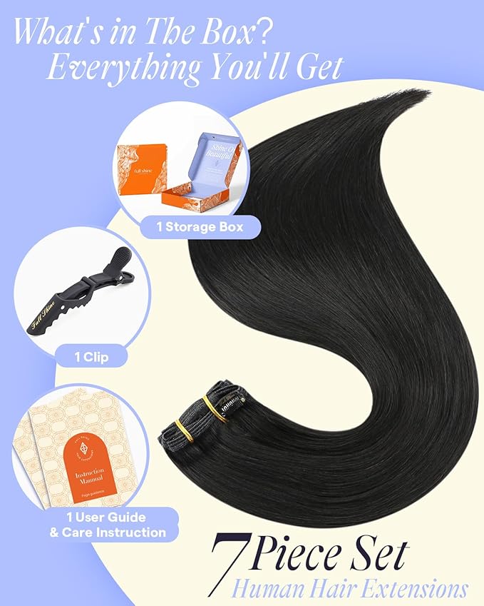 Full Shine Black Clip in Hair Extensions Human Hair 150 G 22 Inch Black Extensions Clip in for Festivals for Hairstyles 7 Pcs