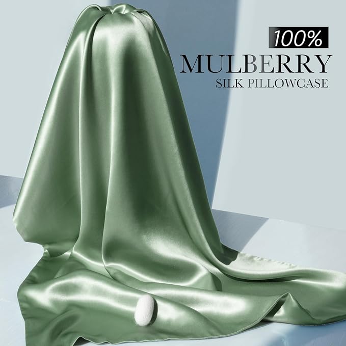 100% Mulberry Silk Pillowcase for Hair and Skin, 22 Momme Pure Natural Silk Pillow Case Both Sided with Zipper, Pillow Cover for Women Mom Men (Matcha, Queen 20''×30'', 1 Pack)
