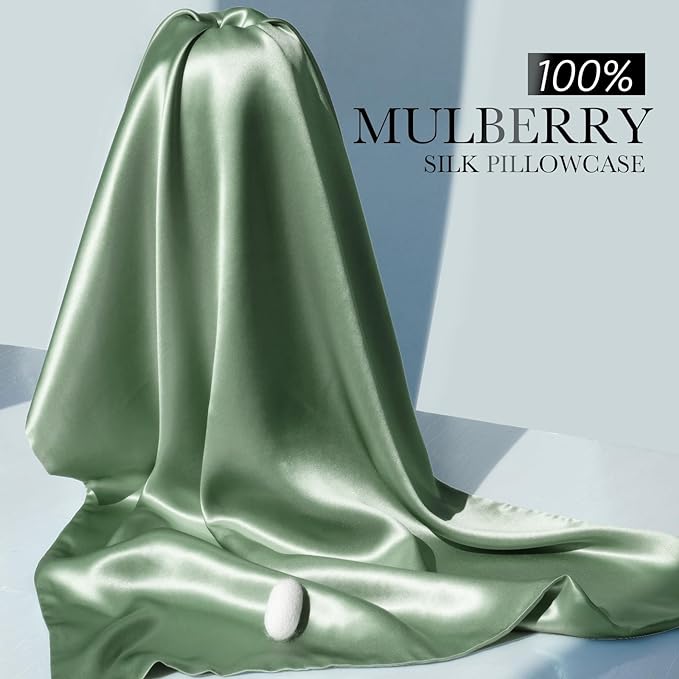 100% Mulberry Silk Pillowcase for Hair and Skin, 22 Momme Pure Natural Silk Pillow Case Both Sided with Zipper, Pillow Cover for Women Mom Men (Matcha, King 20''×36'', 1 Pack)
