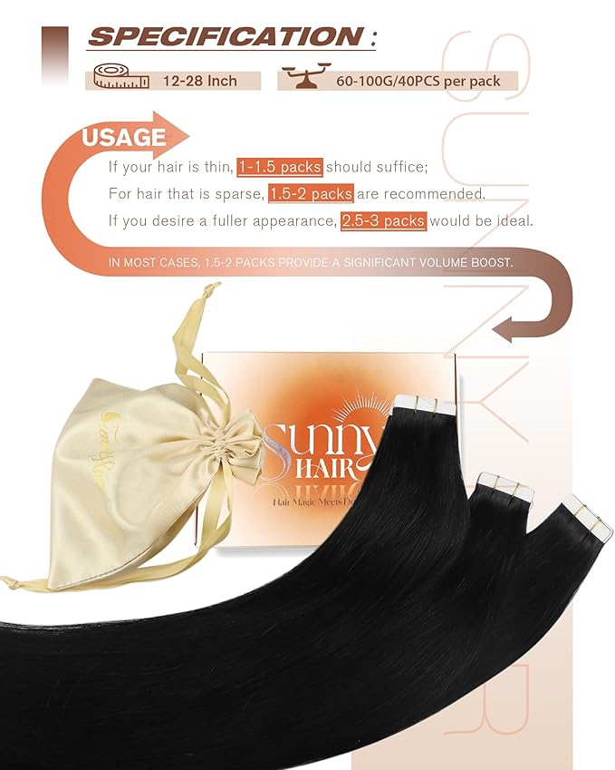 Sunny Hair Tape in Hair Extensions Human Hair 22inch Hair Extensions Real Human Hair Tape in Extensions for Women Jet Black Invisible Remy Hair Natural Straight Skin Weft Double Sided Tape 40pcs 100g