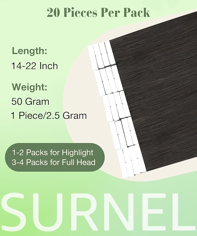 SURNEL Tape in Hair Extensions 14 inch #2 Darkest Brown Tape in Hair Extensions Human Hair 20pcs 50g(#2-14)
