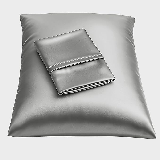 BLISSFORD Satin Pillowcase with Zipper, for Hair and Skin Care, Feels Soft and Cool Like a Silk Pillowcase, Satin Pillow Cases 2 Pack, Slik Pillow Cover, Grey, King Size, Set of 2