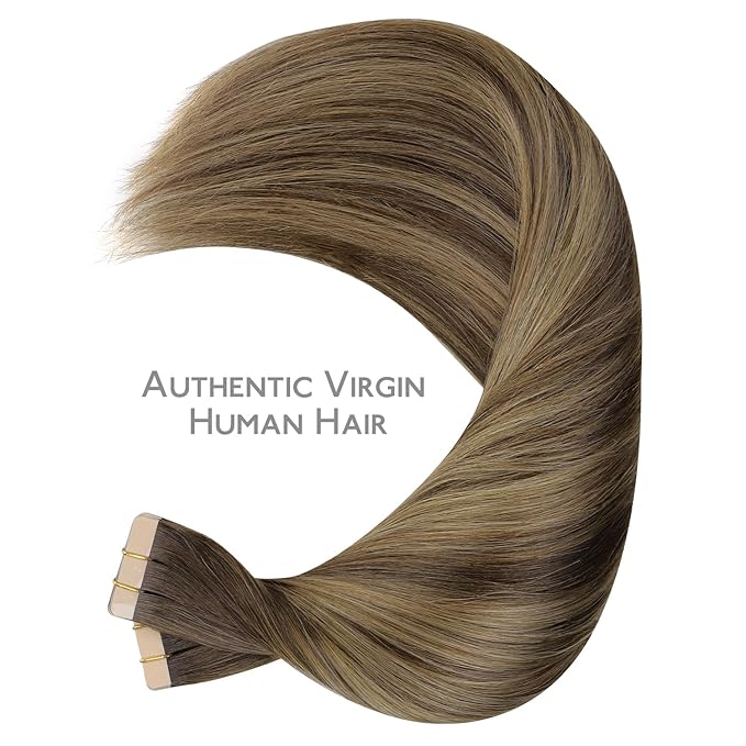 Wennalife Tape-in Hair Extensions, 40pcs 100g, 24 inch Balayage Chocolate Brown to Caramel Blonde, Real Human Hair, Straight, Reusable