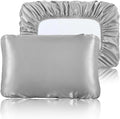 SiinvdaBZX Silver Grey Satin Pillowcase Standard/Queen Size Set of 2, Silky Travel Elastic Band Satin Pillow Case for Hair and Skin, Soft Portable & Fit for Various Pillow