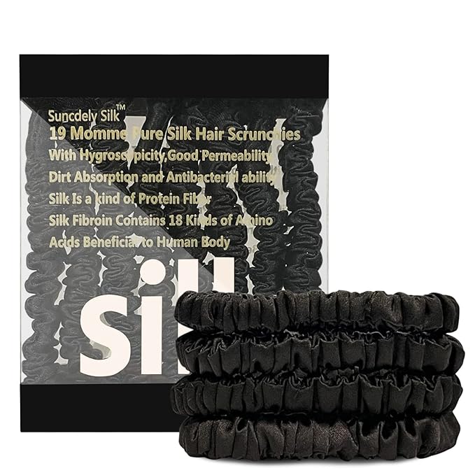 Suncdelv Silk,100% Silk Scrunchies for Hair,22 Momme Hair Ties for Anti-Crease & Breakage,Natural Women Hair Accessories，Fashion Hairbands 4PCS（Black）