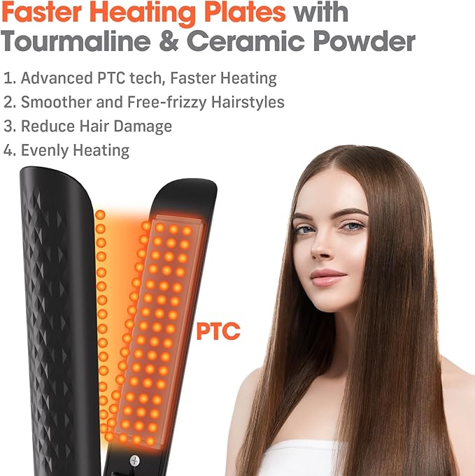Quico Hair Straightener, 110-240V Global Travel Hair Straighteners for women, 15s Fast Heating, Professional Negative Ion Flat Iron, Temp Memory, 320℉-450℉, Auto-Off, with Glove and Clips, Gift, Black