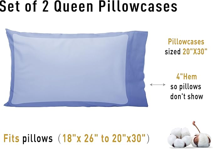 Sunflower Queen Pillowcases Set of 2, 100% Cotton Queen Size Pillow Cases 2, 20×30 inches Purplish Blue, Soft and Breathable