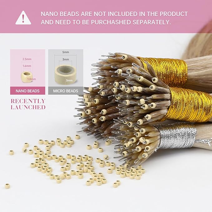 YoungSee 28Inch Nano Ring Hair Extensions Human Hair Platinum Blonde Nano Bead Hair Extensions Human Hair Blonde Nano-Ring Hair Extension Blond Nano-Link Extension Real Hair for Long 50s 50g