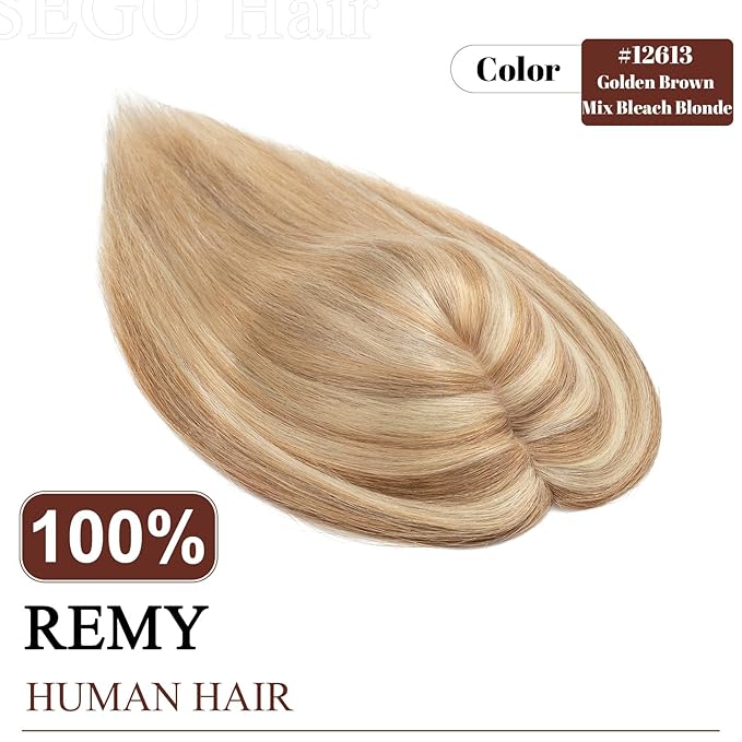 SEGO Real Human Hair Topper for Women without Bangs, Hair Topper with Anti-Slip Clips (6 Inch#12/613 Golden Brown Mix Bleach Blonde)