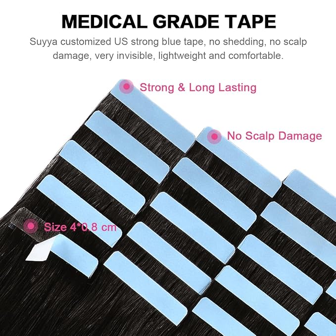 SUYYA Tape in Hair Extensions Natural Black 100% Remy Human 20 inches 20pcs 50g/pack Straight Seamless Skin Weft Hair(20 #1B Off Black)