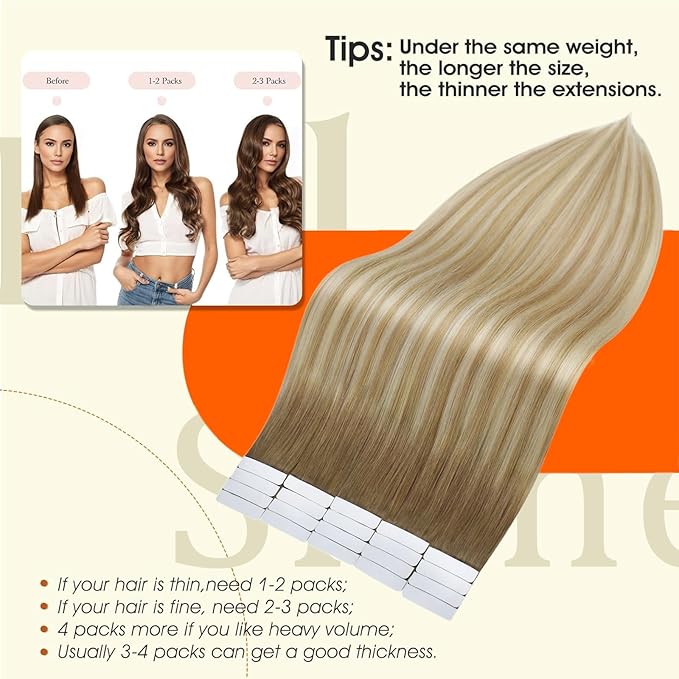 Full Shine Ombre Blonde Tape in Hair Extensions Human Hair 6/27/60 Brown to Honey Blonde 16Inch Tape in Extensions Balayage Invisible Seamless Human Hair Extensions 50Gram 20pcs for Wedding
