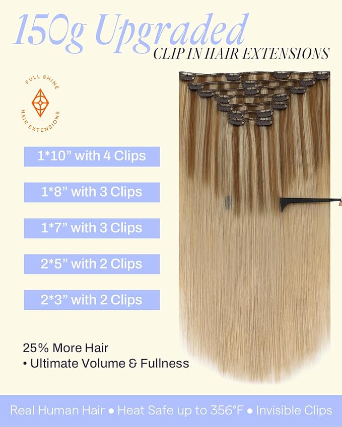 Full Shine Real Hair Clip in Extensions 20 Inch 150 G Balayage Golden Brown To Golden Blonde Clip on Hair Extensions Human Hair 7 Pcs