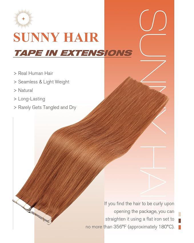 Sunny Hair Copper Tape in Hair Extensions Human Hair Glue in Hair Extensions Straight Tape ins Hair Extensions Copper for Women 50g 20pcs 14inch