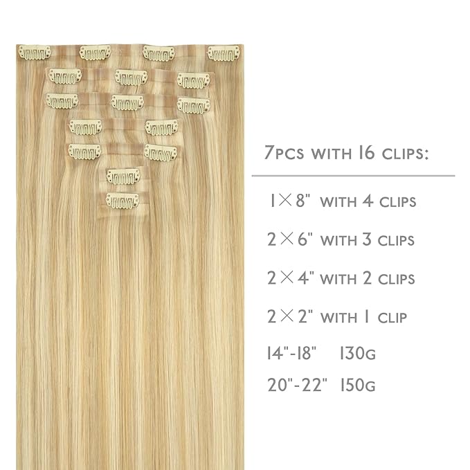 WENNALIFE Seamless Clip In Hair Extensions, 22 Inch 7pcs 150g Light Blonde Highlighted Golden Blonde Hair Extensions Clip In Real Human Hair Extensions Invisible PU Weft Human