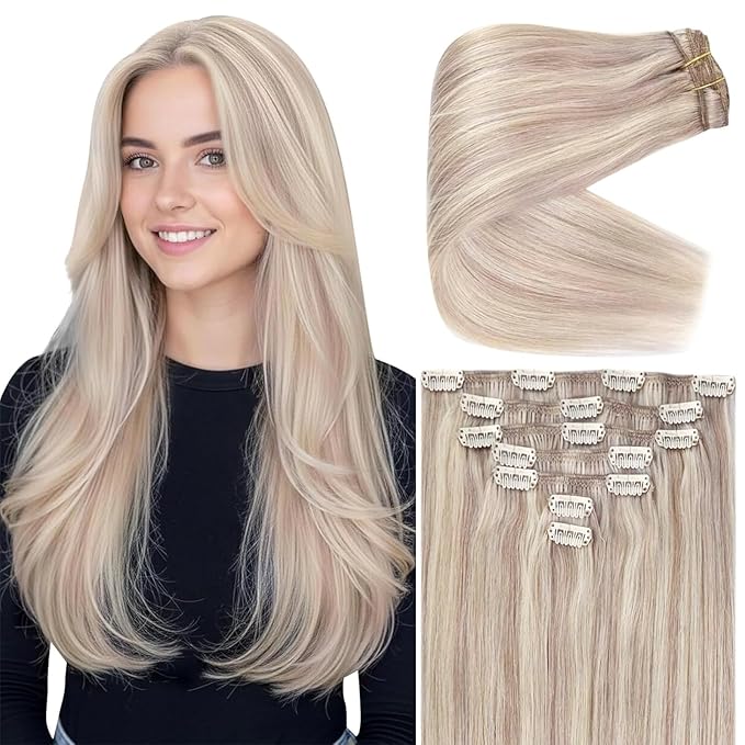 Ve Sunny Real Hair Extensions Clip in Human Hair Ash Blonde Highlight Bleach Blonde Real Human Hair Extensions Clip ins Long Straight Remy Hair Extensions Full Headed 22inch 120g 7pcs