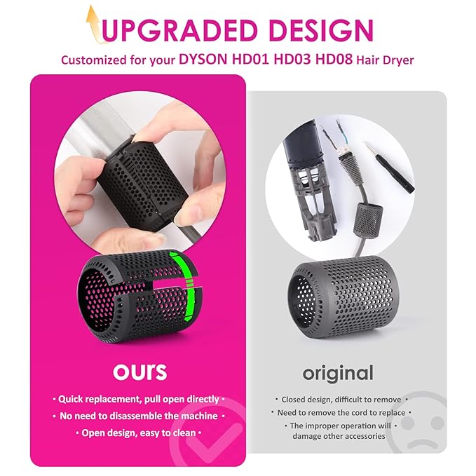 Upgraded Hair Dryer Filter Mesh Replacement for Dyson Supersonic HD01 HD03 HD08 Hair Dryer Attachment, Hair Dryer Outer Filter Cage with Filter Cleaning Brush (Black)