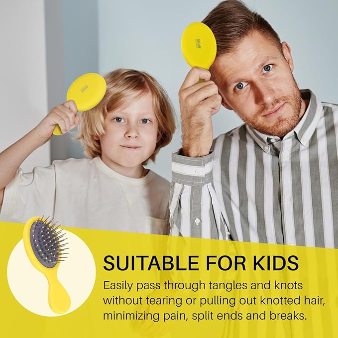 RHOS Mini Hair Brush for Women,Men and Kids-Travel Size Hair Brush for Purse,Pocket,backpack-Small Cushion Paddle Brush with Soft Bristles-Mini Detangler Brush for All Hair Types(1 Pack-Yellow)