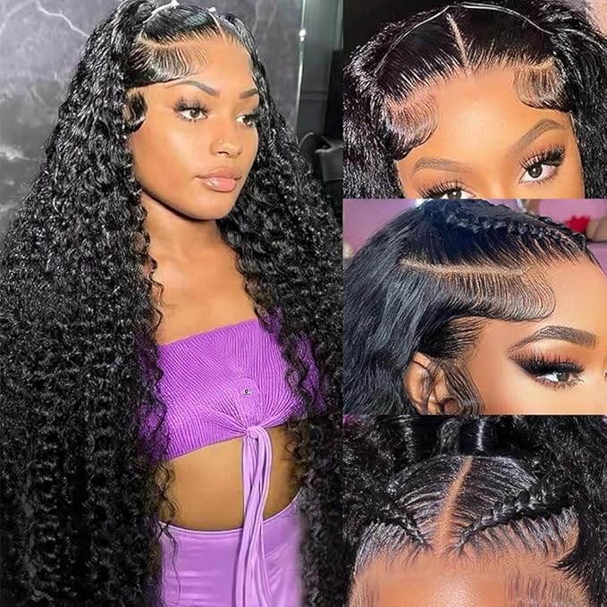 30 Inch 13×6 HD Lace Front Wigs Human Hair Water Wave 200 Density Lace Frontal Wigs Pre Plucked Deep Curly Human Hair Wig for Women Natural Black
