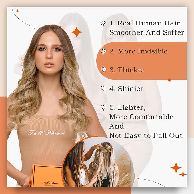 Full Shine Tape ins Invisible Tape in Hair Extensions Human Hair 18Inch Remy Glue in Hair Extensions Ombre Balayage Color 10/14 Golden Brown to Dark Blonde Seamless Skin Weft Hair Extension 20Pcs 50G