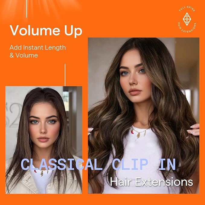 Full Shine Real Hair Extensions Clip in Human Hair 12 Inch Balayage Dark Brown to Ash Brown Clip in Extensions Real Human Hair Short Hair Extensions 7 Pcs 95 G