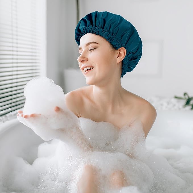 Reusable Shower Cap for Women, Stylish Large Waterproof Shower Bonnet Washable Wide Elastic Band Hair Cap for Long Hair, Braids Bath Hat(Blue Zircon)