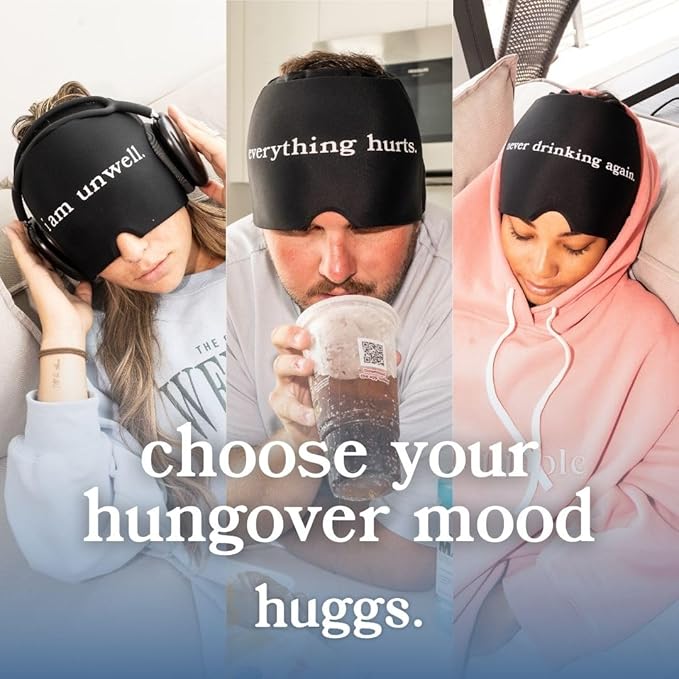 Huggs Migraine Relief Cap - I Am Unwell - Cooling Gel Head Wrap, Cold Compress Cap for Headache, Stress, & Tension