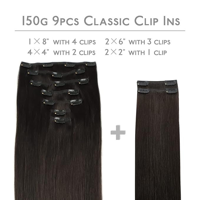 WENNALIFE Clip in Hair Extensions, 150g 24 Inch 9pcs Dark Brown Human Hair Extensions Thicker Clip in Hair Extensions Real Human Hair Clip Set Double Weft